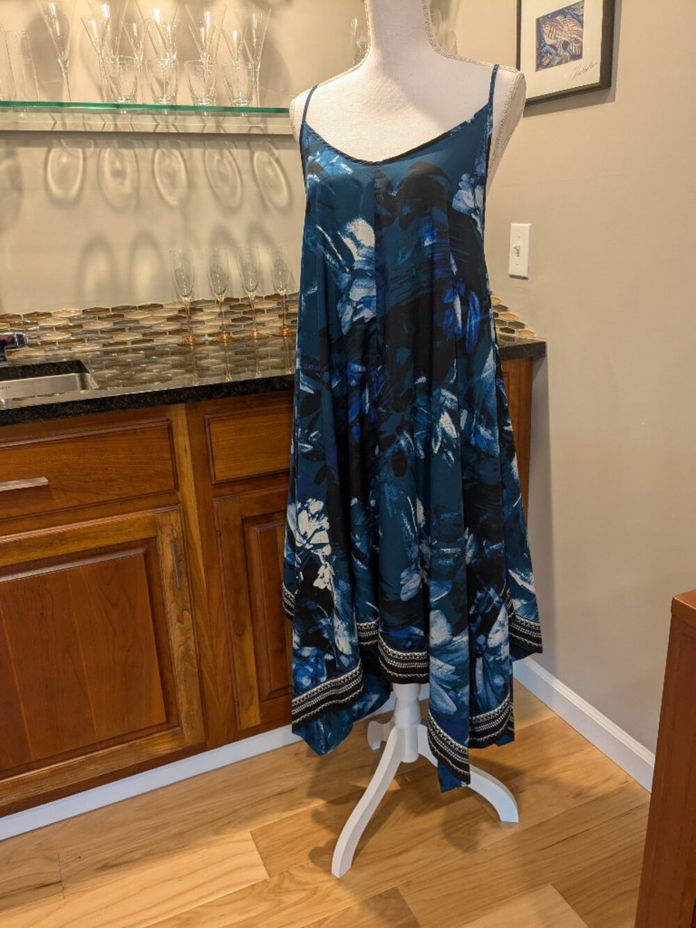 Swimsuits for all Blue Flowy Beach Pool Coverup Adjustable Strap Shark Bite Hem